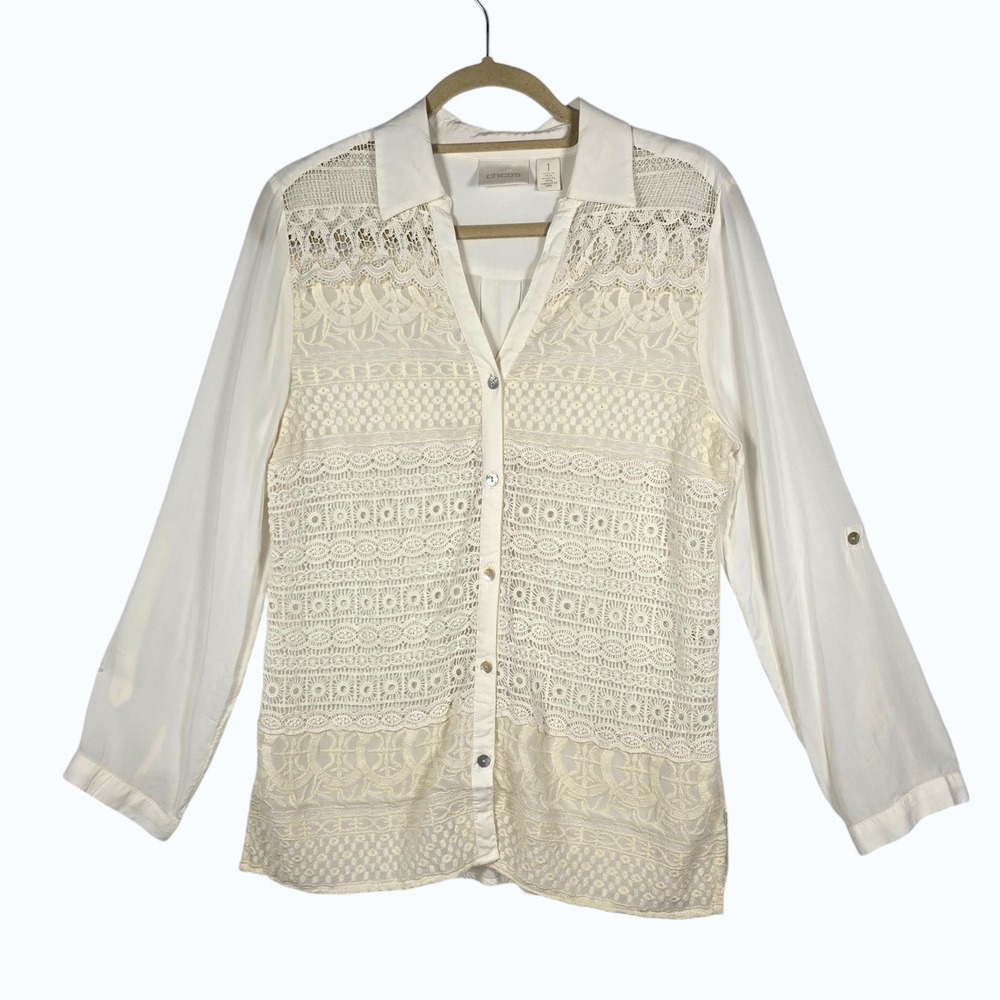 Chicos Ivory Lace Front Roll Tab Sleeve Button Up Blouse Top Woman Medium